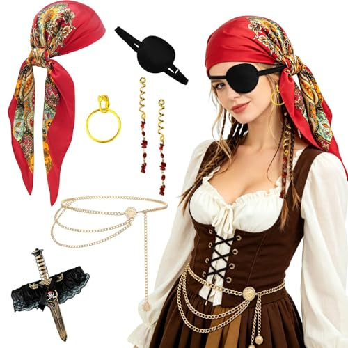 Ginkago Mittelalter Piratenkostüm Zubehör Set Damen Herren Piraten Verkleidung Accessories Kopftuch Augenklappe Ohrringe Halskette Armband Hüfte Tuch für Halloween Cosplay Party