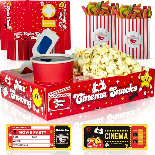 Moviejam Bandejas de aperitivos de noche de película, edición roja, 20 cajas de palomitas de maíz duraderas, 20 bolsas de dulces e invitaciones de boletos de cine gratis