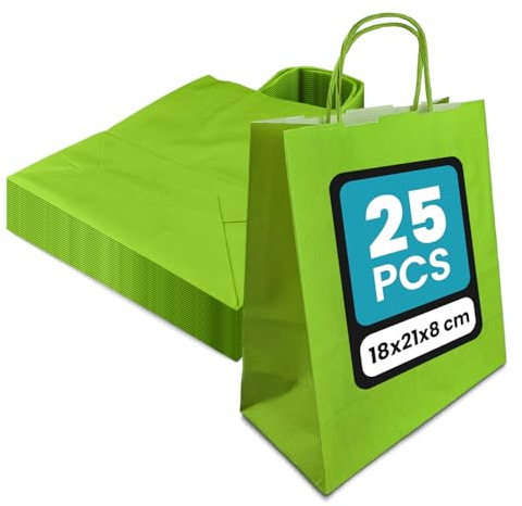 Netuno 25 Papiertüten mit Henkel grün 18x21x8 cm für Geschenke | Robuste Tragetaschen aus Kraftpapier – für Einkaufen, Handel, Verkauf, Party, Weihnachten, Ostern, Boutique & Markt