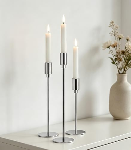 Filltown Silber Kerzenhaltern Set 3, Kandelaber Stabkerzen 32/27/22CM, Dekorativer Vintage-Kerzenhalter aus Metall für Kaminsimse, Hochzeiten, Abendessen, Geburtstage, Tischmitte, Wohnkultur