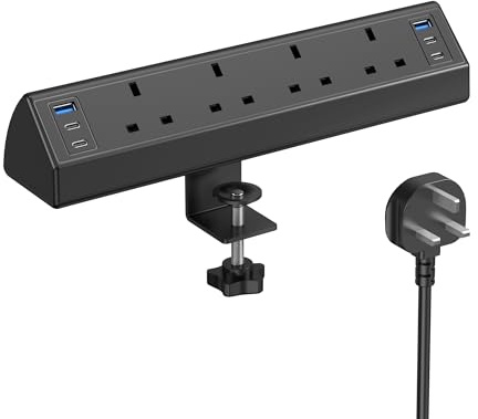 Jgstkcity Desk Clamp Power Socket, 40W Total USB-C Fast Charging, Black | 4 Way Desk Extension Lead with Switch, 1200J Surge Protection, 2M Cable, Fit 1.9 Tabletop Edge, Office, Gaming, Dorm