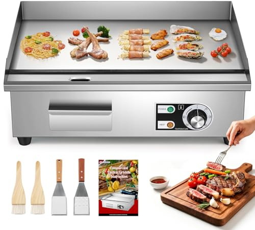Moongiantgo 22 Kommerzielle Elektrische Grillplatte aus Edelstahl 3000W | Flachgrill mit Abnehmbarer Ölbox 0–300 °C Regelung Anti-Haft Schutz Gegen Ölspritzer Teppanyaki Grill für Restaurants Küchen