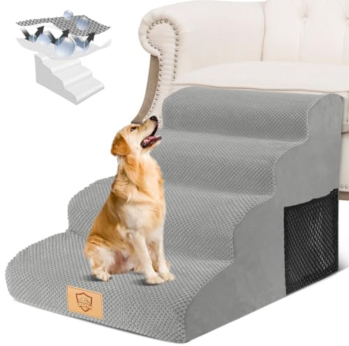 Hundetreppe 4 Stufen, 50cm hoch Schwamm Haustiertreppe für Hunde und Katzen, rutschfest Haustierleiter Katzentreppe mit Waschbar Bezug für Sofa Bett, Gris