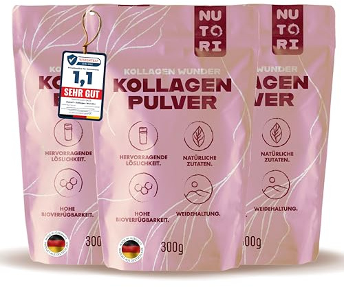 Nutori Kollagen Wunder - Kollagen Pulver 300 g - Geschmacksneutral - Typ I & III - Hydrolysat Peptide - Weidehaltung - Made in Germany - 3 Stück