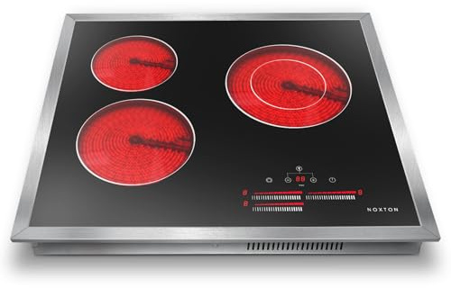 Noxton 24 Inch Electric Cooktop, 3 Burner Built-in Radiant Stove Top, Stainless Steel Frame, Dual Zone Ceramic Glass Hob, Touch Slide Control, 9 Power Levels, Timer, Child Lock, 5500W, 240V Hardwired