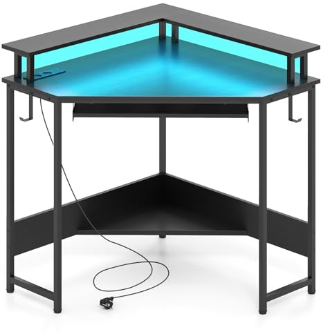 COSTWAY Escritorio Esquinero con Estación de Carga, 80 x 88cm, Mesa Escritorio L con LED, Estante, Bandeja de Teclado y Soporte de Monitor, Oficina Dormitorio, Espacios Pequeños (Negro)