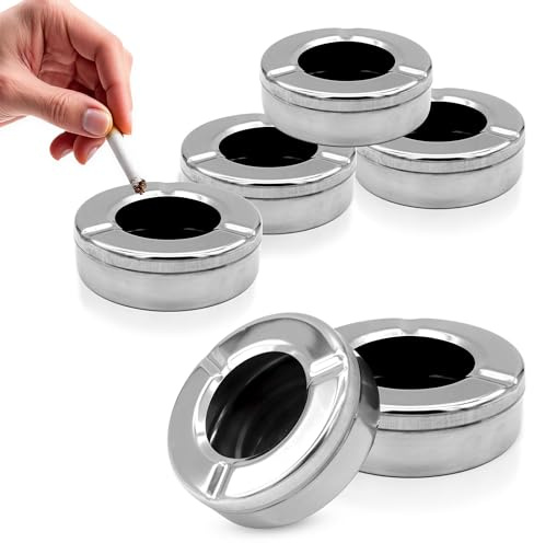 Edelstahl Sturmaschenbecher rund 11 cm, silber, 6er Set | Abnehmbarer Deckel Metall Mit Windschutz Für draußen Wetterfest