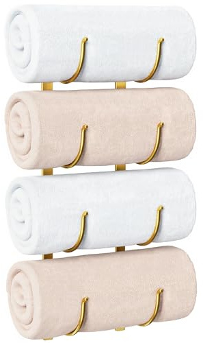 Bathroom Rolled Towel Rack: 4-Tier Wall Mounted Towel Storage Holder, Hanging Organizer for Towels, Blankets, Large Bath Sheets, Space Saving in RV, Closet, Toilet, Cabinet, Gold