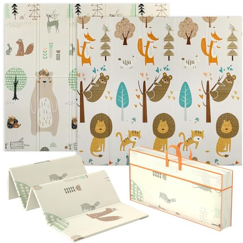 AIYAPLAY Baby Play Mat Double Sided, Foldable & Reversible Activity Playmat, Waterproof Kids Foam Crawling Mat for Outdoor Indoor Playtime Picnics, 196 x 176 x 1.5cm, Animal Theme
