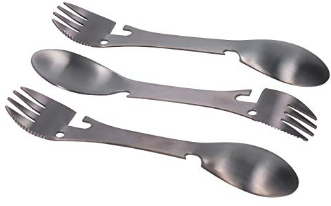 Juego de 3 piezas multifuncionales 5 en 1 para exteriores, cuchillo, cuchara, tenedor, abrebotellas, utensilios compactos y duraderos, de acero inoxidable, color negro para camping, senderismo