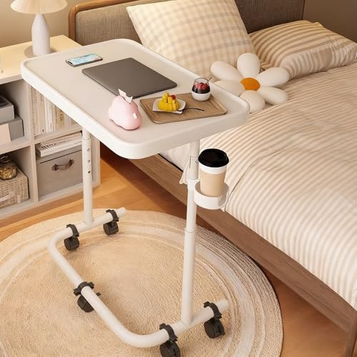 PAKMEZ Beistelltisch C Form Höhenverstellbar mit Rollen, Pflegetisch mit Schallwand Metallrahmen, Vielseitig Platzsparend, für Home-Office, Arbeiten im Sitzen Stehen(White)