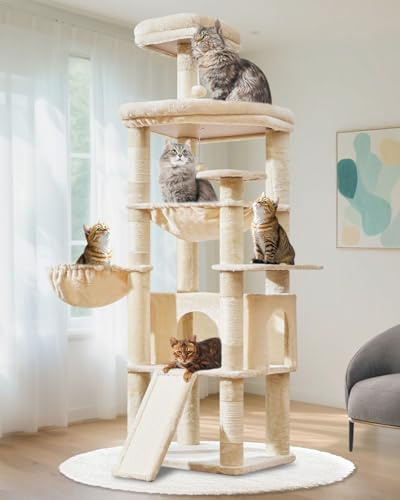 Taoqimiao 183cm Kratzbaum XXL, Großer Katzenbaum Für Große Katzen, MS045M | Stabil, Katzenkratztafel, Mehrstöckig, Einfache Montage, Große Plattform, Katzenhaus, Hängematte, 5 Kratzsäulen, Beige