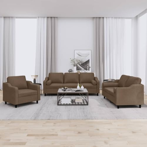 LoogCape 3-TLG. Sofagarnitur mit Kissen, Braun Stoff, Strapazierfähig, Robust, Bequem, für Wohnzimmer, Lounge, Schlafzimmer, 1 Sessel, 1 Zweisitzer, 1 Dreisitzer