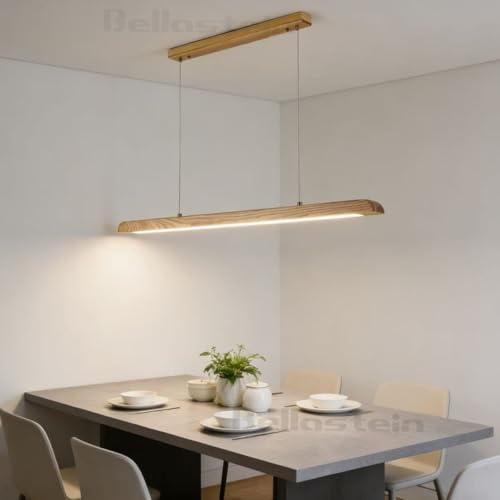 LED Hängelampe esstisch Dimmbar, Pendelleuchte Holz mit Fernbedienung, Moderne Linear design Hängeleuchte, Esstischlampe hängend Höhenverstellbar für Küche Büro Esszimmer Lampe (Holz, 90cm)