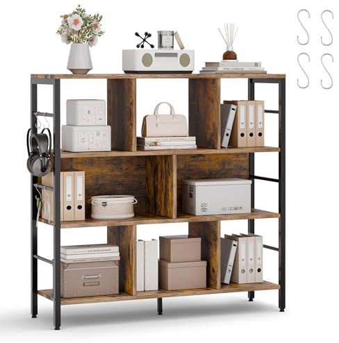 ELUCHANG Bücherregal, Standregal mit 8 Fächern, Regal mit 3 Ebenen Kostenlose Haken, für Wohnzimmer, Schlafzimmer, Arbeitszimmer, Küche 30x94x95cm, Vintagebraun-Schwarz