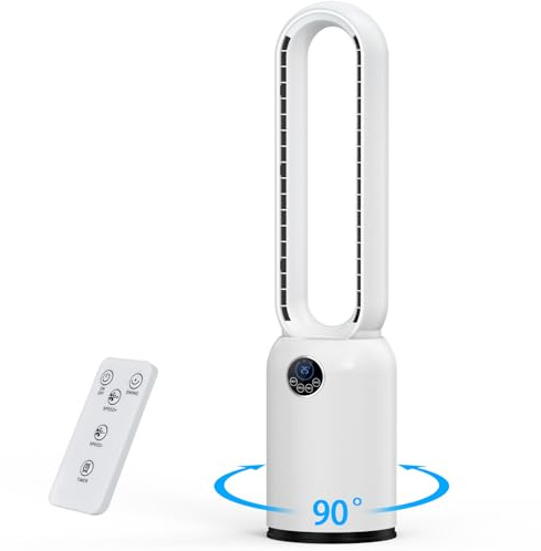 Teoryieer Turmventilator ohne Flügel 88cm – geräuschloser Standventilator mit 55W Motor, LED-Touchscreen & Fernbedienung, 12-Stunden-Timer, 90° oszillierend für Schlafzimmer & Büro (Weiß)