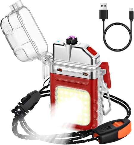 Vicloon Electric Lighter, USB Plasma Arc Lighter, 3 Modes Flashlight Windproof and Waterproof Lighters, Rechargeable Lighters for Camping Hiking Outdoor Survival, Gifts for Men Him Dad Husband(Red)