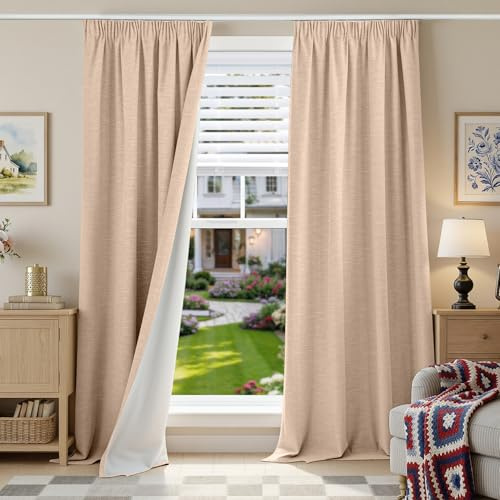Runyéla 100% Blickdichte Vorhänge mit Kräuselband Leinenoptik Verdunklungsvorhänge 245H x 140B x 2 Pfirsichrosa Gardinen Thermovorhänge Kälteschutz Wohnzimmer Blackout Curtain
