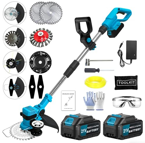 Rasentrimmer mit Akku für Makita, 21V Freischneider mit 2x3.0Ah Akku & unkrautbürste, Kantetrimmer mit 4 Klingentypen 12.000 U/min für Rasenmähen und Gartenpflege