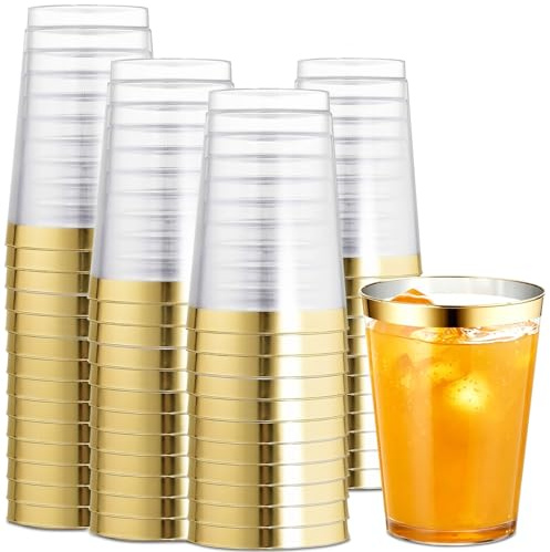 50 Stück Partybecher Set mit Goldrand, Wiederverwendbarer Becher, Plastikbecher, 355ml/12oz Mehrwegbecher, Hartplastik Trinkbecher für Getränkepartys, Geburtstage, Hochzeit, Familienfeier, Cocktail