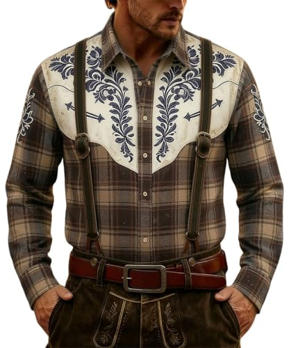 Foweknow Camicia tradizionale da uomo per Oktoberfest, a quadretti, a maniche lunghe, classica, per feste, vestibilità regolare, casual, camicia bavarese con bottoni, oversize, camicia da pescatore