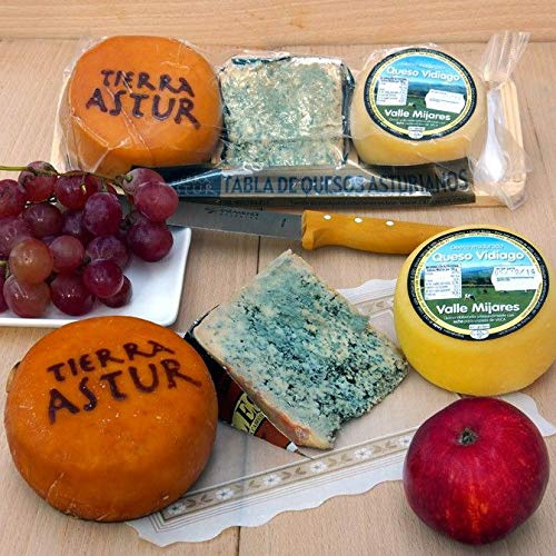 Crivencar Tabla 3 Quesos Asturianos | Cabrales DOP + Vidiago + Ahumado sobre tabla de madera | Degustación gourmet asturiana | Sin gluten | Regalo gourmet