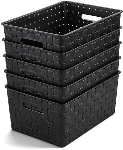 Bekith 5 Pack Woven Plastic Storage Basket, Small Plastic Storage Bin, Rectangular Cabinet Organizer for Home & Office, 9.8 L x 7 W x 4.5 H