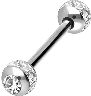 PIERCINGLINE Chirurgenstahl Barbell EPOXYRING KUGELN + KRISTALLE Piercing Stab Brust Zunge Silberfarben Kristallklar 16 mm