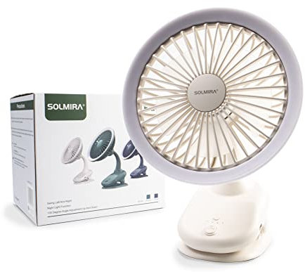 SOLMIRA Ventilador Portátil de Pinza con Batería Recargable USB Tipo C, Diseño de Interior y Exterior sin Cable, Blanco, con Luz Propia