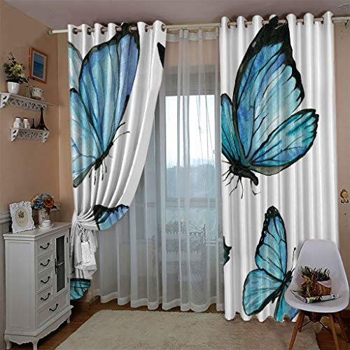 ZAPVI Fenster Vorhang Schlaufen-Vorhang Blau&Schmetterlinge Dekorative Gardine Schlaufenschal Fenster-Schal 2er Set Größe:2 x B140 x H245cm