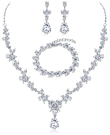 Adramata Brautschmuck Set Strass für Damen Silber Hochzeitsschmuck Braut Tropfen Halskette Armband Ohrringe Set Abschlussball Hochzeit Schmuckset Party Hochzeit Schmuck Set für Brautjungfern