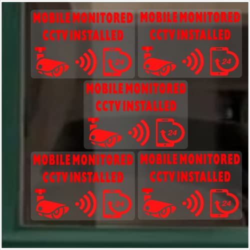 5 x Stickers CCTV Mobile Monitored Installed 24hr Security Warning Camera Vinyl Signs Video Recording Home Premises Business Shop RED on CLEAR 90x60mm
