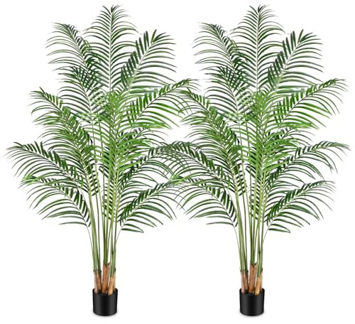 Keeplush 180cm Artificial Palm Tree Indoor Plant Tall Fake Tropical Paradise Palm Tree in Pot with Real Bark Design Faux Areca Palm Tree for Home Office Living Room Bedroom Farmhouse Modern Decor 2pcs