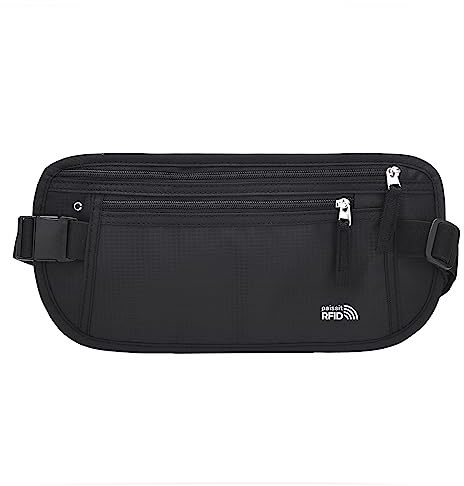 Unisex Money Belt, Slim Passport Holder RFID Blocking Travel Essentials Pouch with Adjustable Strap Small Waist Pouch for Workout Running Travelling Hiking, Black