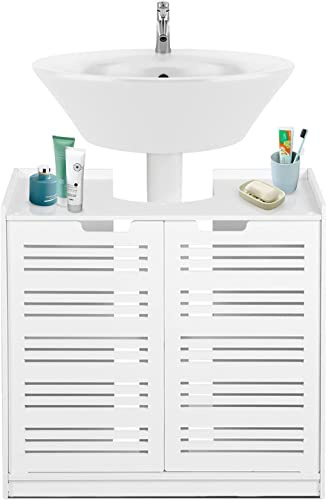 Ejoyous Bathroom Under Basin Cabinet, White Bathroom Sink Cabinet Unit Freestanding Floor Basin Cupboard Unit Storage Organiser with Two Shutter Doors 60x30x60cm