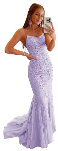Tulle Lilac Prom Dresses for Teenagers Long Spaghetti Strap Floral Applique Mermaid Formal Evening Dress for Women Party Gowns