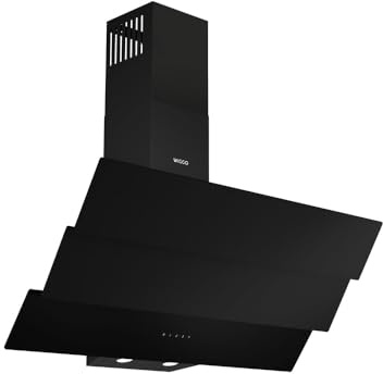 Wiggo B943G Dunstabzugshaube 90cm kopffrei I Abluft Umluft Dunstabzug 615m³/h - Touch-Display 4 Stufen I Energieeffizienzklasse B Schräghaube inkl. 2x Kohlefilter I Abzugshaube Glasfront schwarz