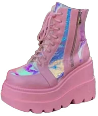ticticlily Femmes Gothique Bottes Talons Hauts Compensés Montante Sneakers Punk Plateforme Zip Up Bottes De Combat Motos Bottes Compensées A Rose 36 EU