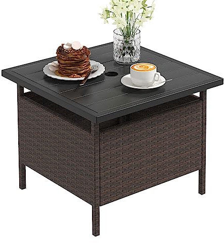 COSTWAY Patio Rattan Side Table, All-Weather Slatted Square PE Wicker Bistro Table with Umbrella Hole, Outdoor Dining Coffee Tea Table Stand for Garden Lawn Balcony Backyard(With 5CM Umbrella Hole)