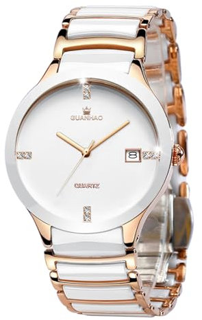 GUANHAO Keramik-Herrenuhren, schwarz-weißes Zifferblatt, Quarzuhrwerk, Kalender-Armbanduhren für Herren, Keramik-Band-Uhren für Herren, M-Whte Gold, modisch