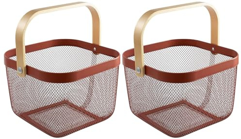 Sarmini 2er-Set Picknickkorb Obstkorb für Küche Theke Aufbewahrungskorb Erntekorb mit Griff Gartenkorb zum Ernten von Gemüsekorb Rechteck Metall Mesh Korb für Organisation (Rot, Quadrat)