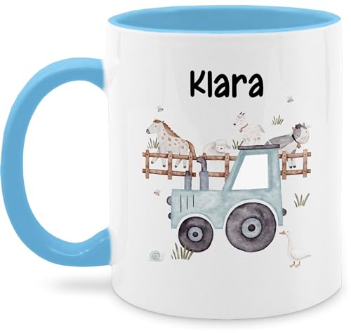 Tasse Tassen 325ml - Bauernhof Traktor Tiere mit Namen Landwirtschaftlicher Tiermotiv Bauernhoftieren - 325 ml - Hellblau - kinder geschenkideen für landwirte traktoren kuh kaffeetasse und name