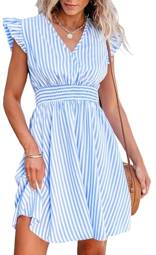 CUPSHE Femme Robe Courte Été Rayée Col V Manches Volantées Taille Smockée Robe de Plage Fluide A Ligne Chic Décontractée Soirée Cocktail Rose Rayé S