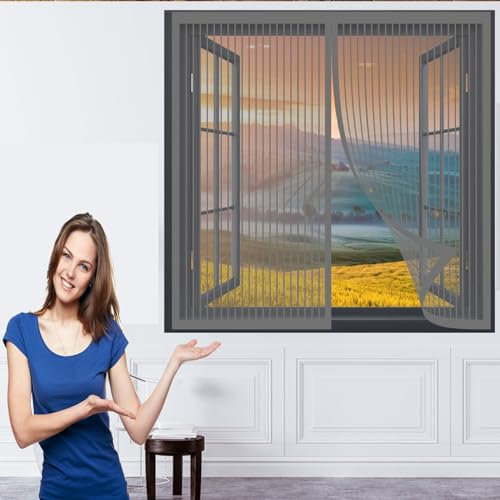Insektenschutztür Fliegenschutz 92 x 106 cm Fliegengitter für Fenster Ohne Bohren Automatisches Schließen Magnetvorhang für Balkontür Terrassentür, Grau