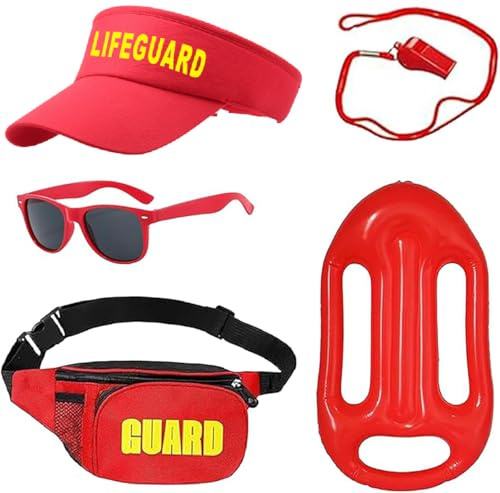 Ensemble de costume de sauveteur 5 pièces – Accessoires de costume de sauveteur avec chapeau rouge, lunettes de soleil, sifflet, tenue de costumade pour adultes, femmes, hommes, plage, piscine, fête