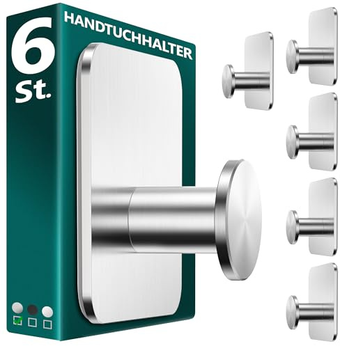 Menz Handtuchhalter ohne Bohren aus Edelstahl, 6 Stück, Silber | Robuste Badezimmer Handtuchhalter, moderne Klebehaken fürs Bad, Haken selbstklebend, ideal als funktionale Handtuchhaken