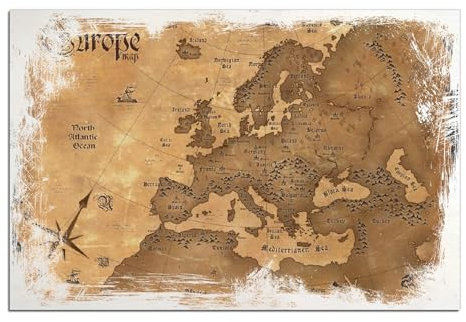 Wallario Wandbild aus Holz Alte Weltkarte Karte von Europa in englisch - 60 x 90 cm in Premium-Qualität: Brillante Farben