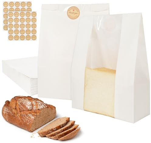Aimyoo Homemade Sourdough Bread Bags, 13.7x8.3x3.5in 50 Pack White Bakery Bags with Window & Seal Stickers
