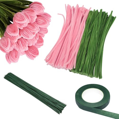 200 Stück rosa olivgrüne Pfeifenreiniger Set mit Blumendrähten & Gartenband, Chenille Stiele Pfeifenreiniger für Tulpenstrauß machen, Kinder DIY Handwerk Projekte und Dekorationen (Rosa)