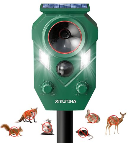 Solar Ultrasonic Animal Repellent Outdoor, Deer Repellent for Yard with RIP Sensor, IP65 Waterproof Squirrels Repeller, Effective Deterrent Cat, Raccoons, Skunks, Rabbits